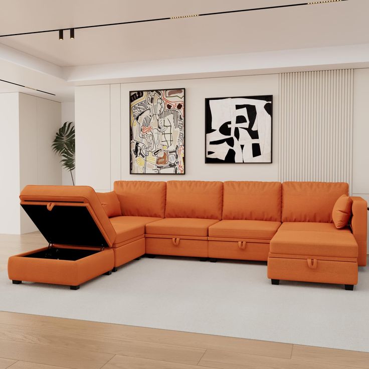 COULDWILL Sectional Sofa U Shaped Modular Couch with Storage Seat Cushions and Ottomans, Convertible Sofa Linen Fabric Couch for Living Room and Office, Orange